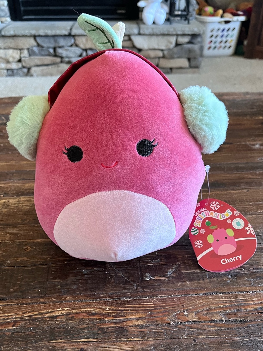 Squishmallows Holiday Cherry Plush with Pinks and Mint Green Earmuffs 8” NWT